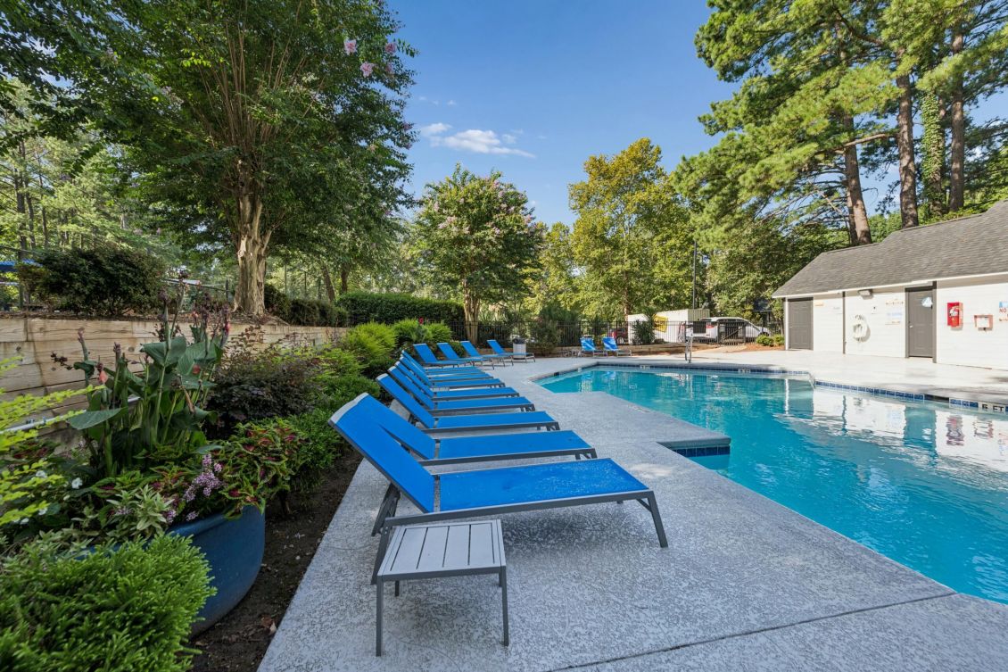 Row of blue lounge chairs on a pool deck next to an outdoor swimming pool surrounded by trees.